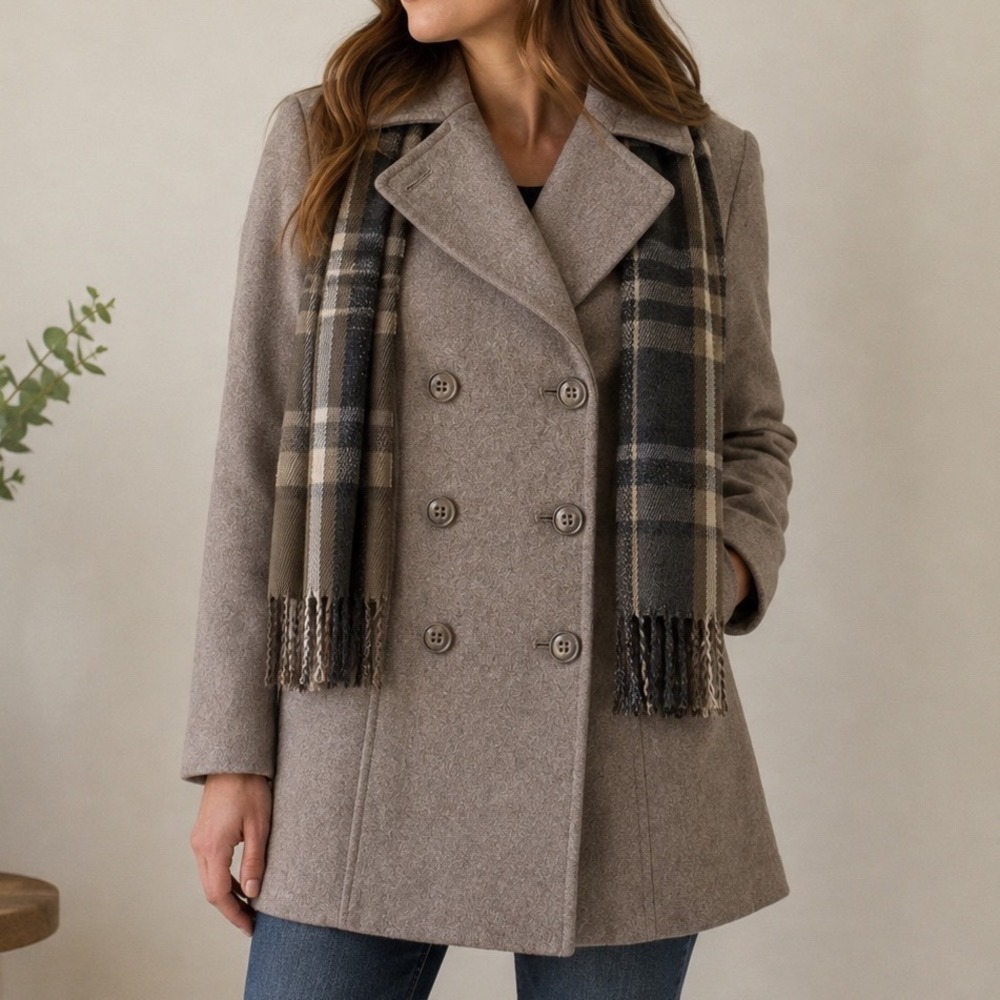 London Fog Wool Blend Peacoat S Taupe Double Breasted Plaid Scarf Quiet Luxury